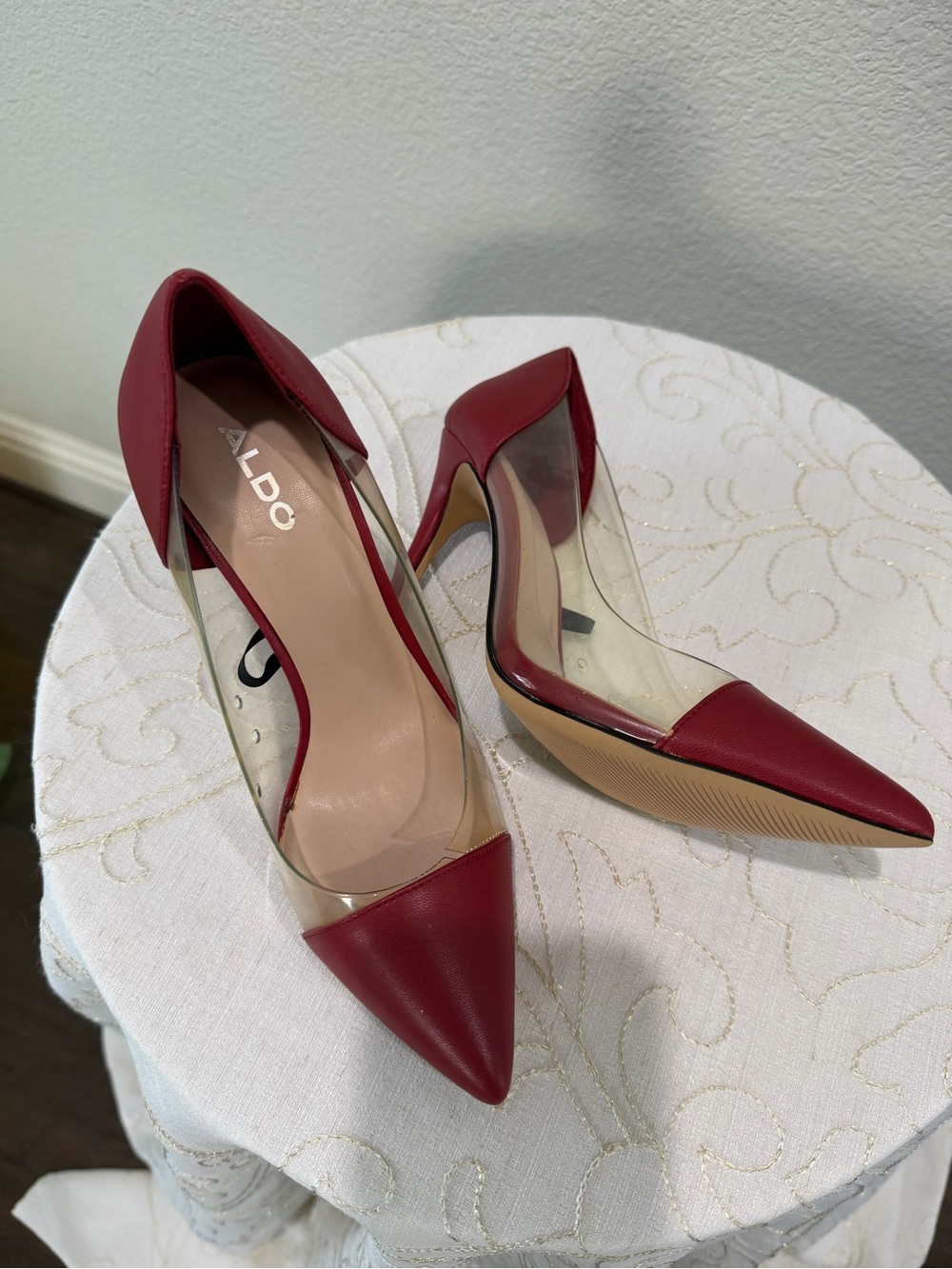 Aldo Red Pointed-Toe Pumps with Clear Side Panels - Picture 5 of 7